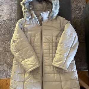 Susan Graver Silver Quilted Coat with Faux Fur Hood